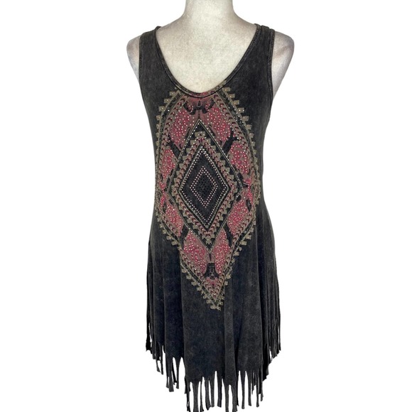 Vocal fringe rhinestone tank dress, size small acid wash aztec graphic boho midi - Picture 1 of 8